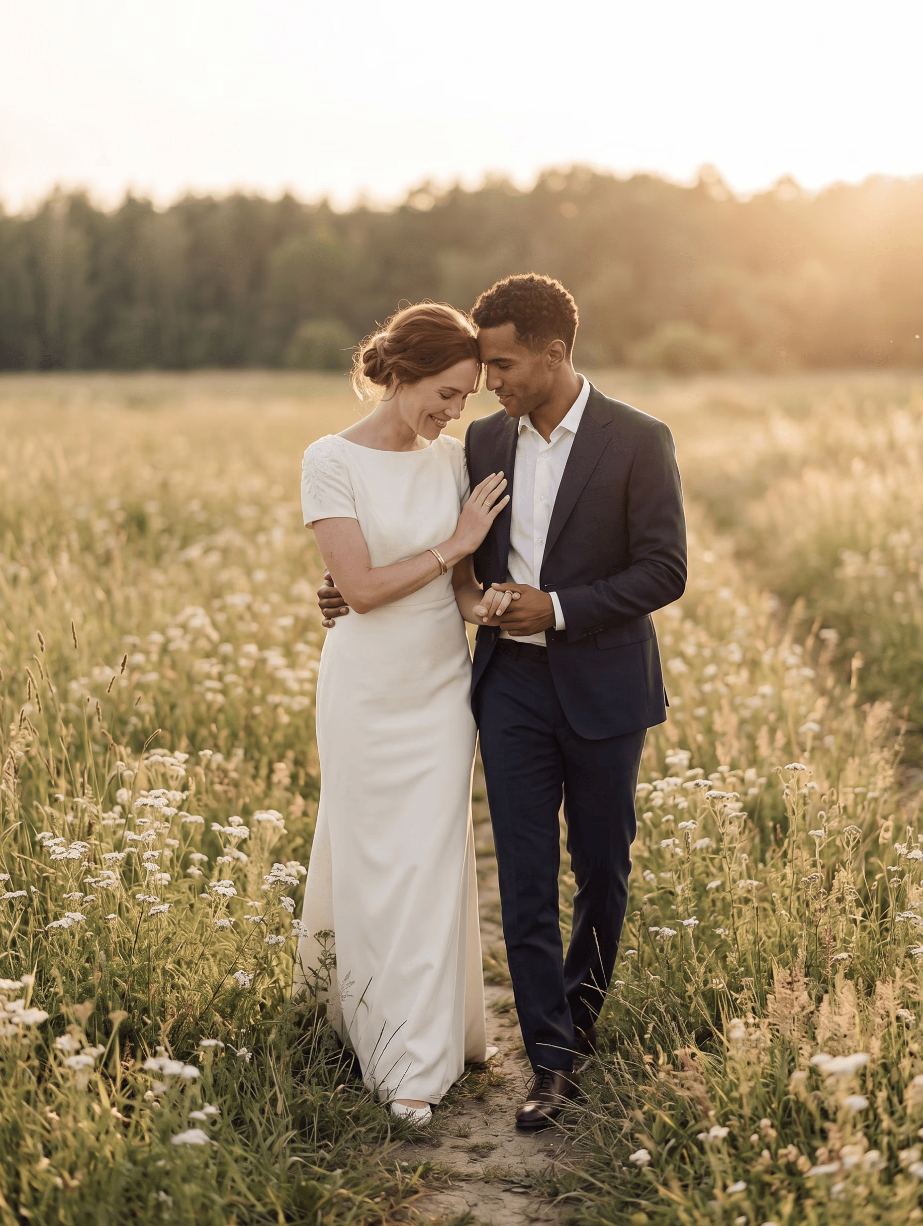 Clara and Jules walking together through a meadow at golden hour