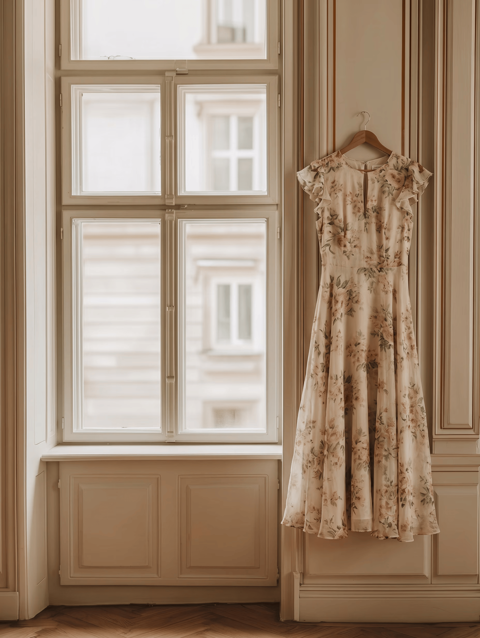 Garden-party dress hanging by a tall window