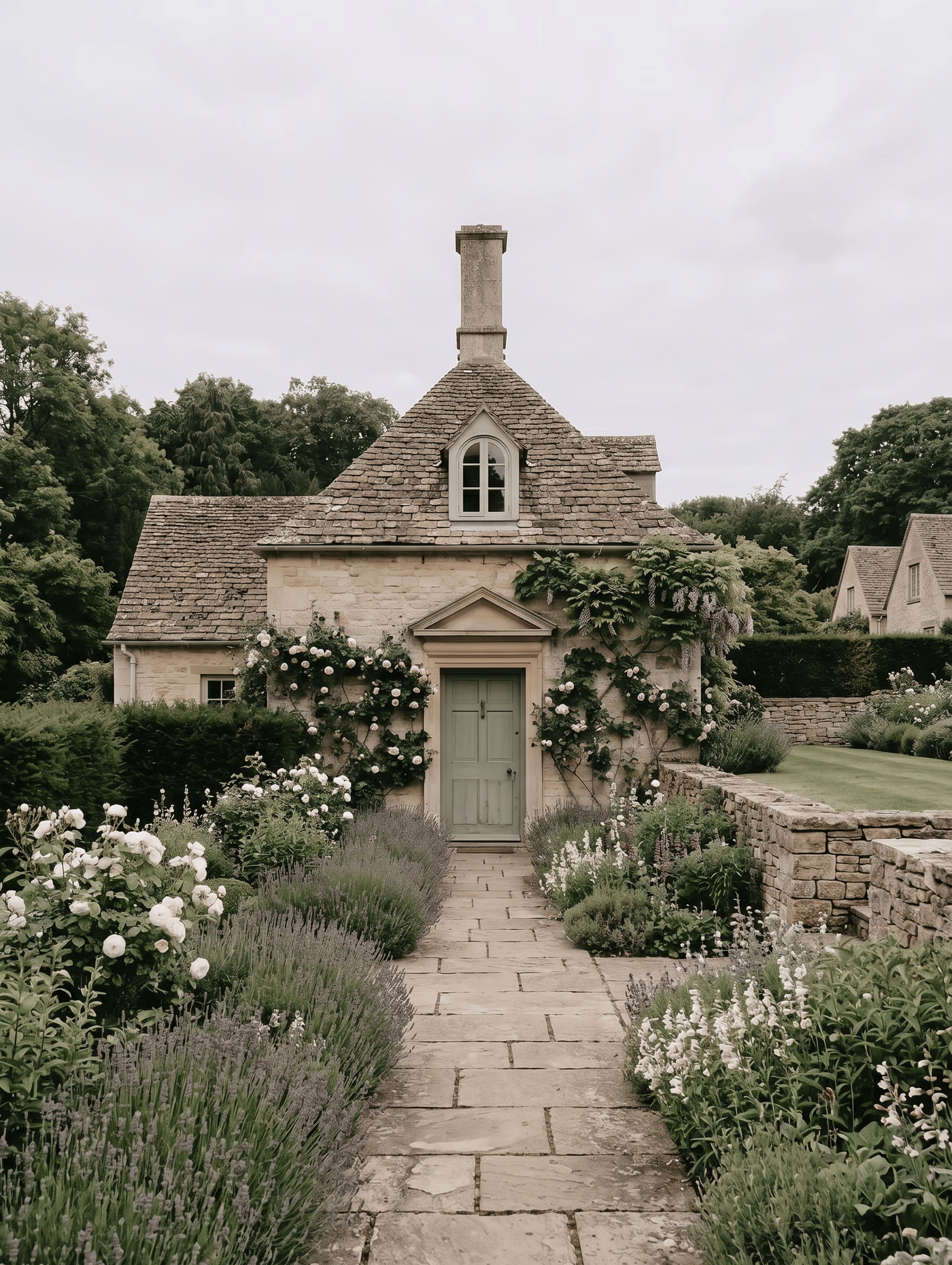 A guest cottage near Alderwell House with a summer garden path