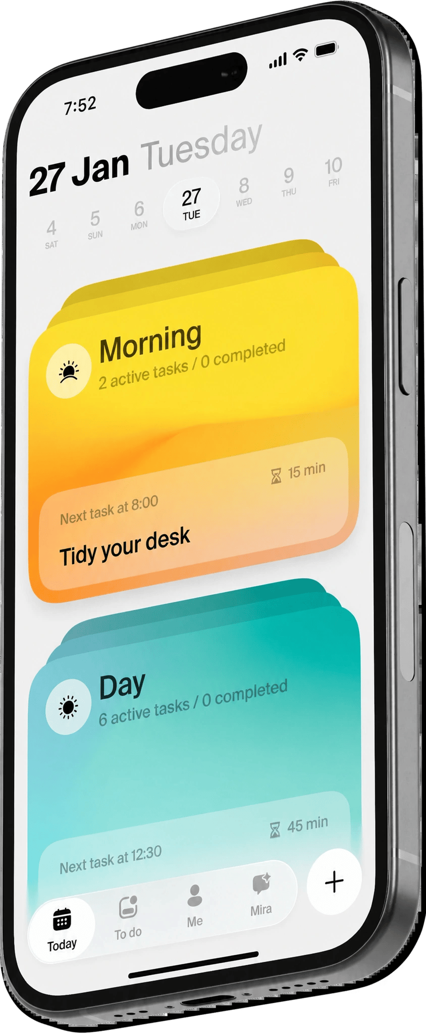 tidamind AI daily tasks and calendar shown on a phone