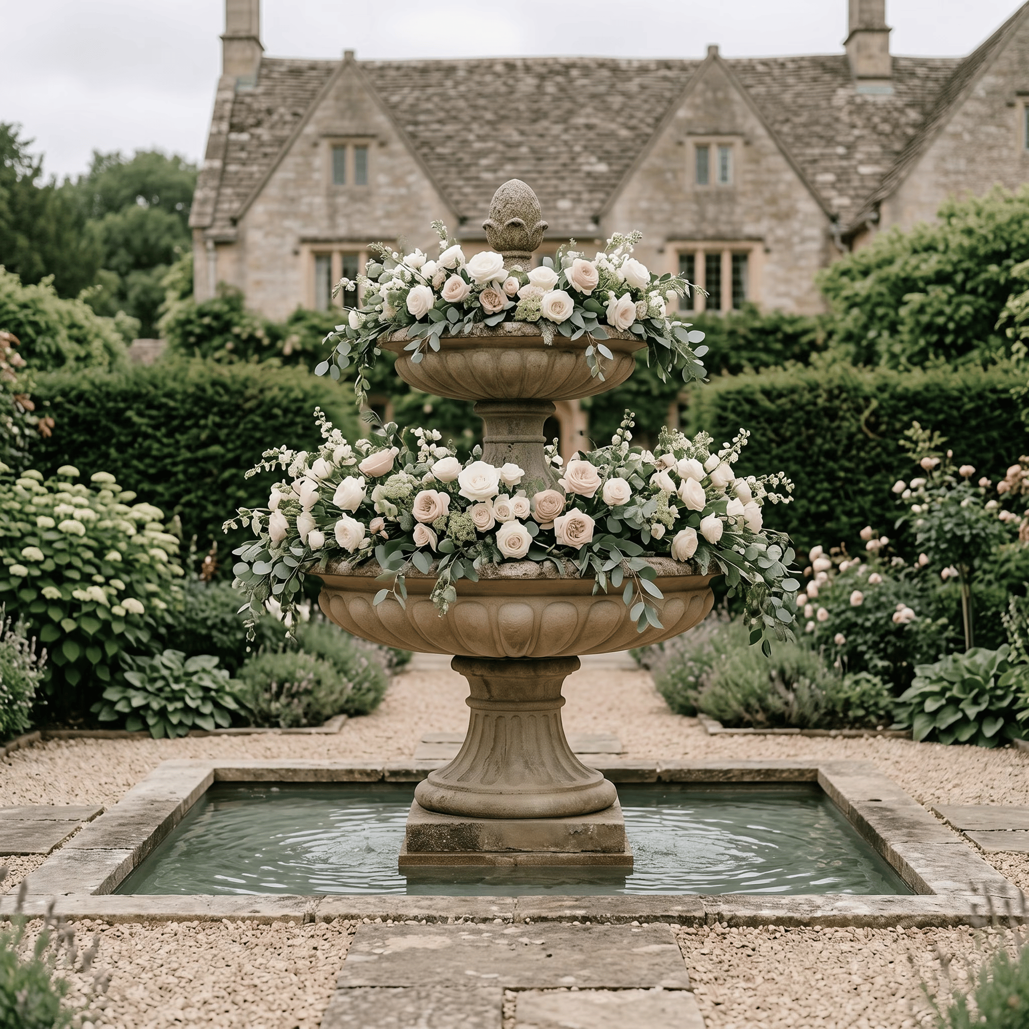 Limestone garden fountain arranged with ivory roses and greenery