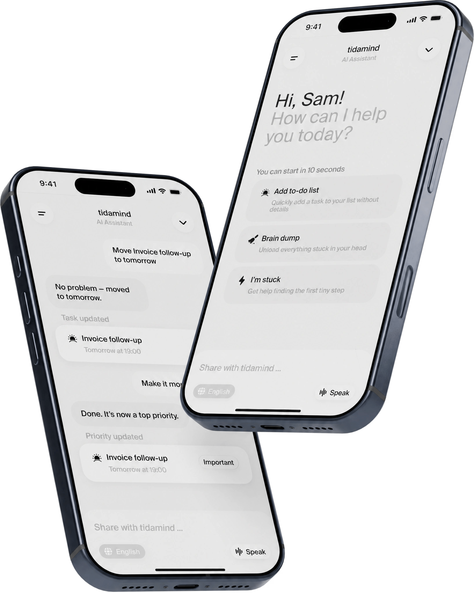 tidamind AI task and priority chat shown on two phones