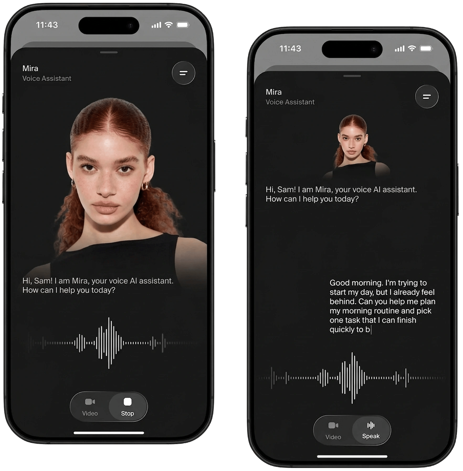 tidamind AI voice-chat interface shown on two phones