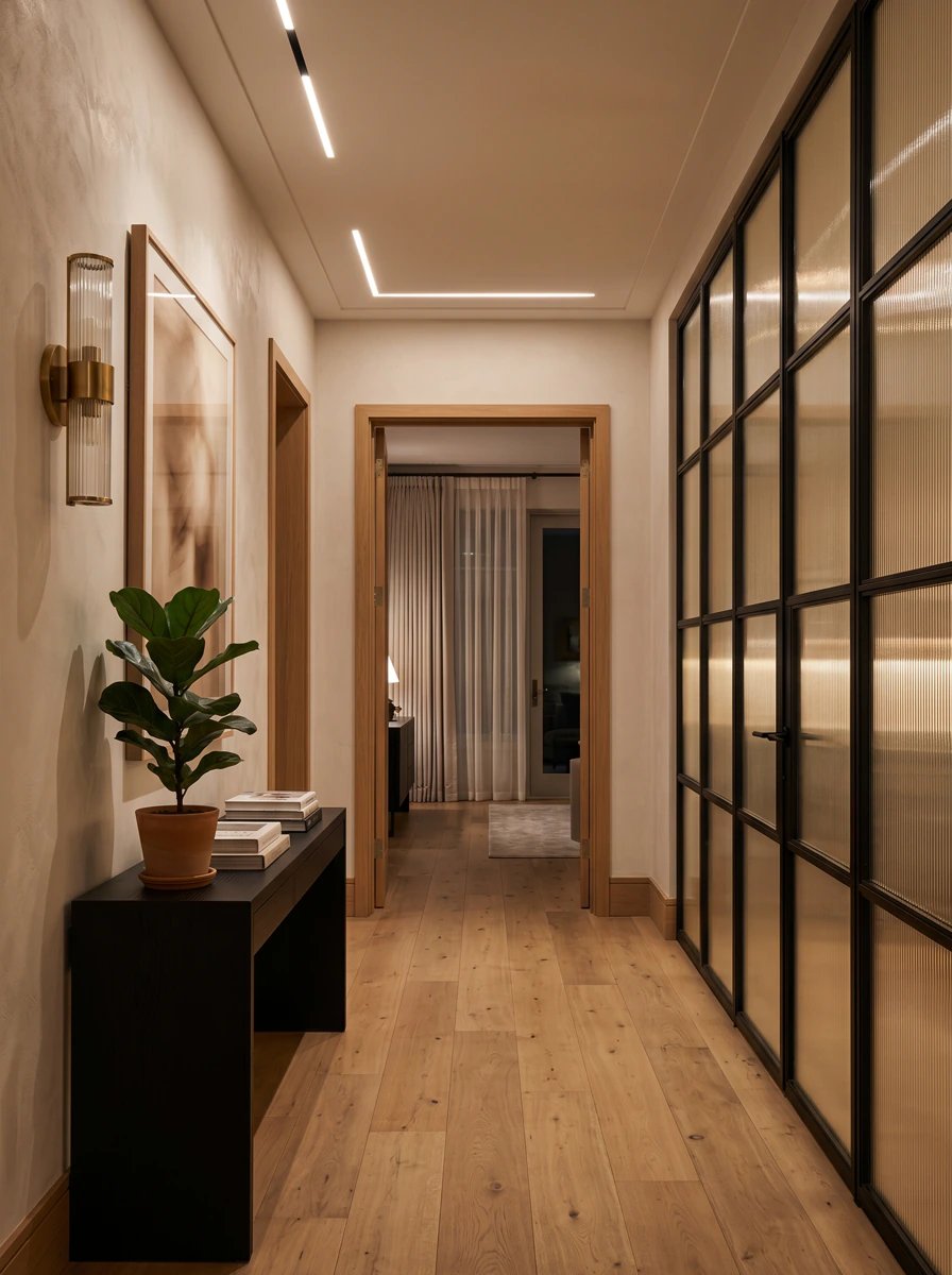 Bright hallway with panelled glass doors
