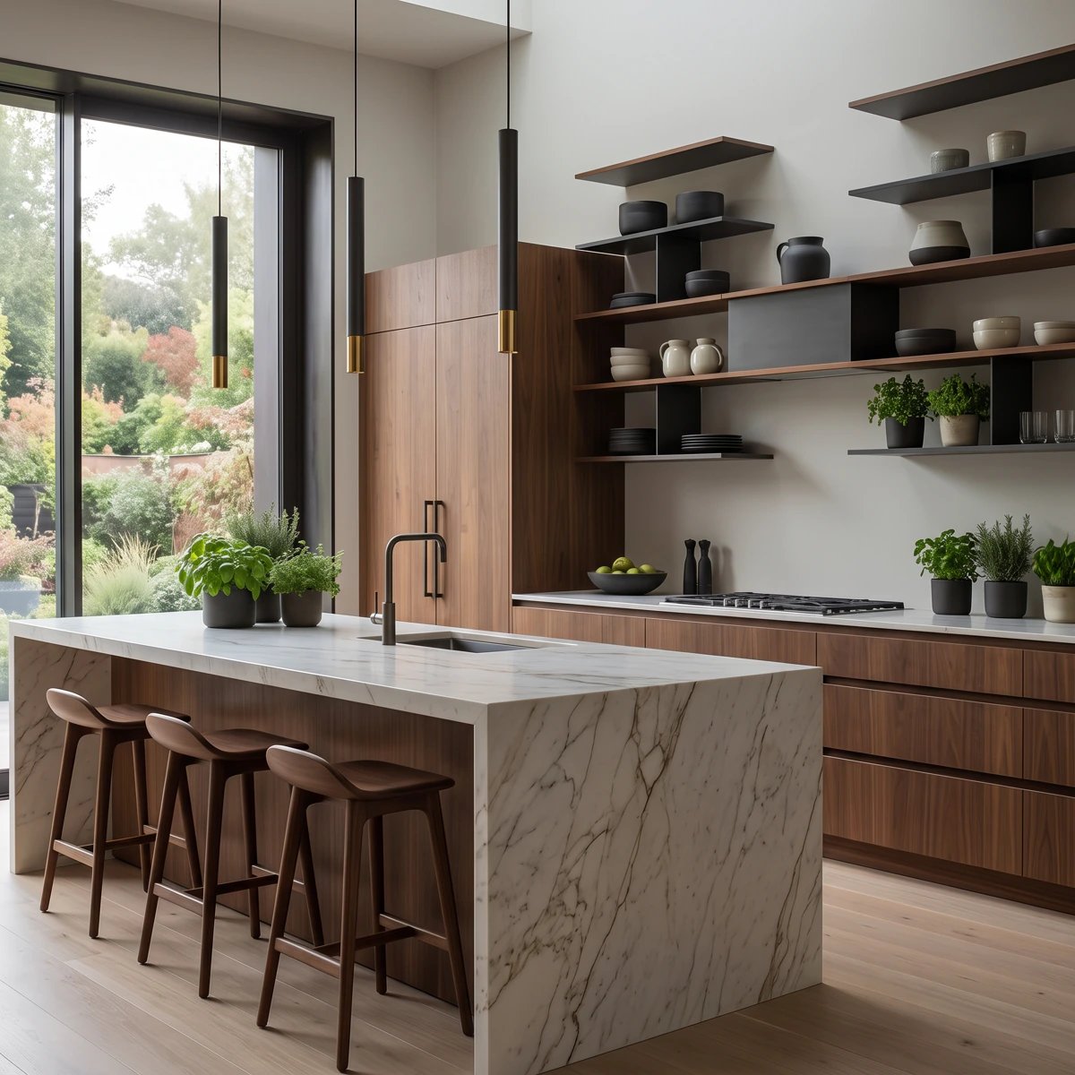 A careful kitchen renovation with marble island and copper pendant lights