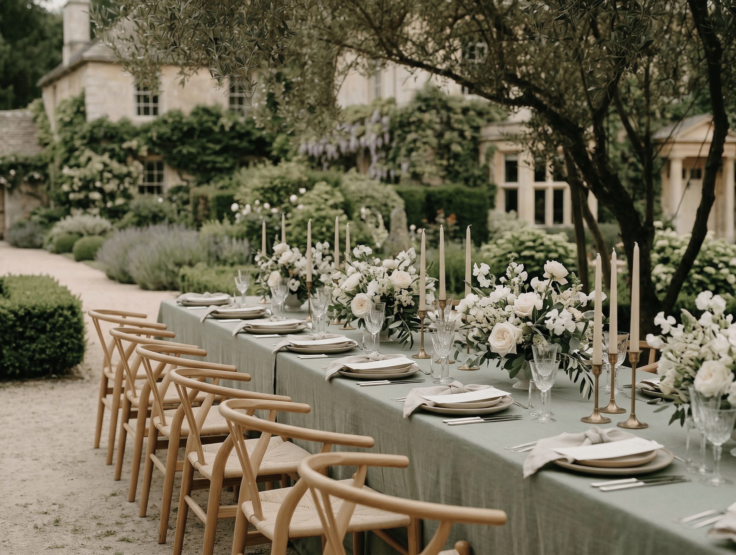 Outdoor wedding reception table set with sage linens and garden flowers