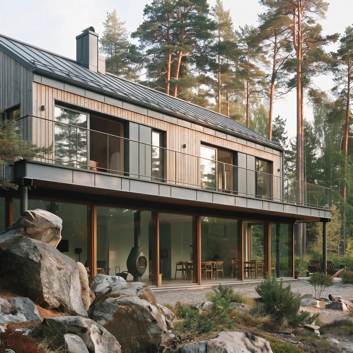 Modern house among pine trees