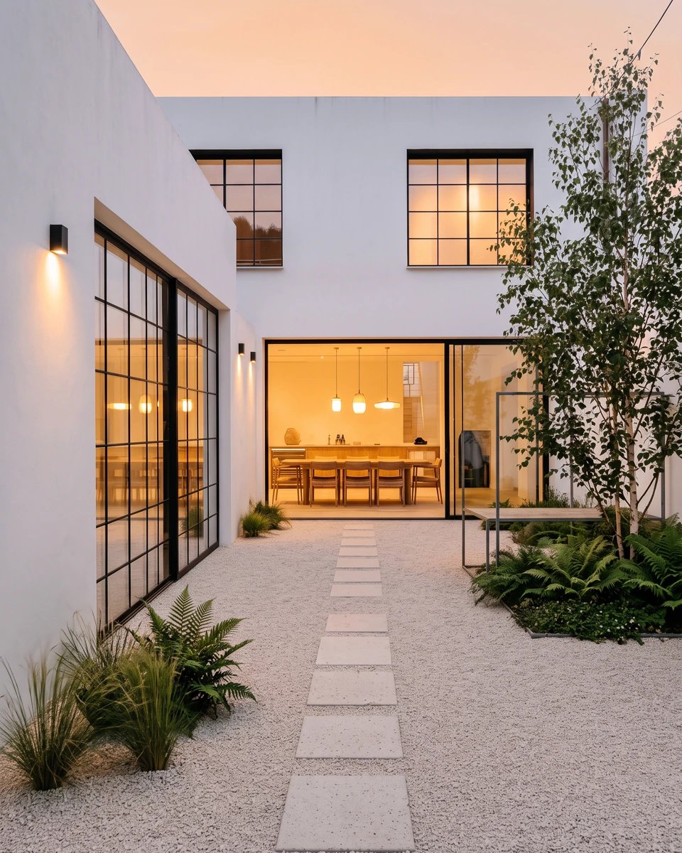 White rendered house with black-framed glazing
