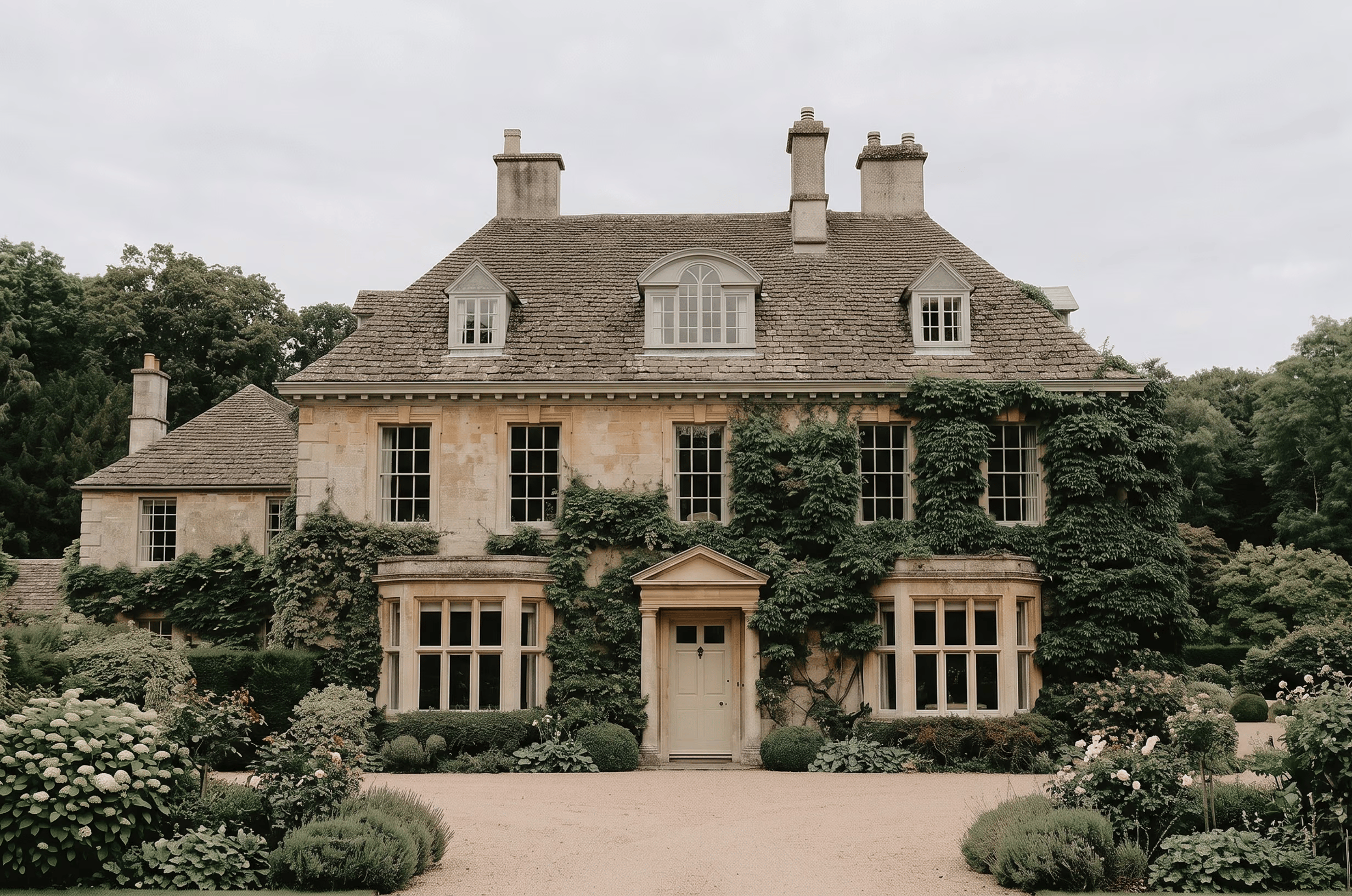 Alderwell House with formal gardens and climbing greenery